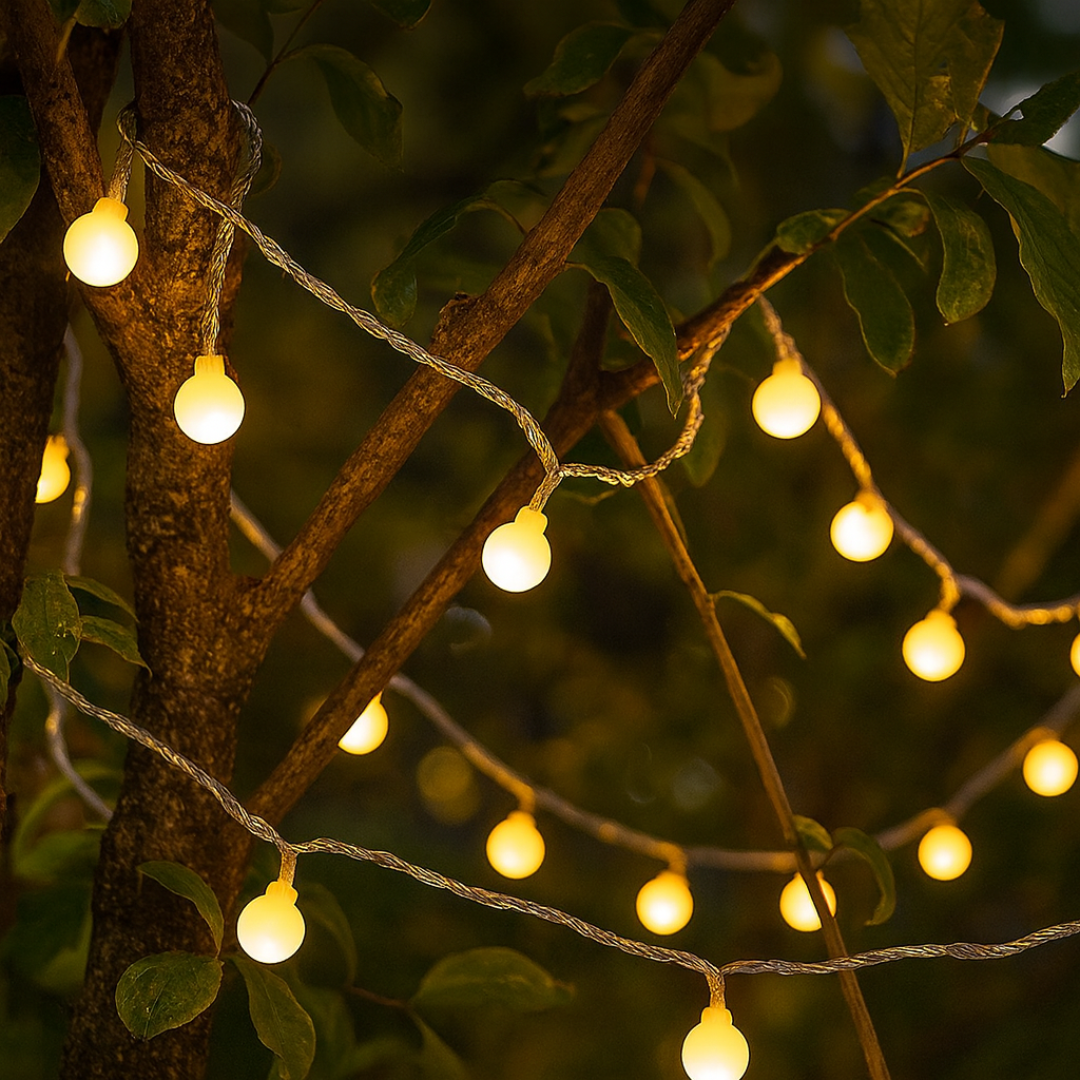 Beleuchteter Gartenbereich mit der LumaOrbs Lichterkette bei Nacht