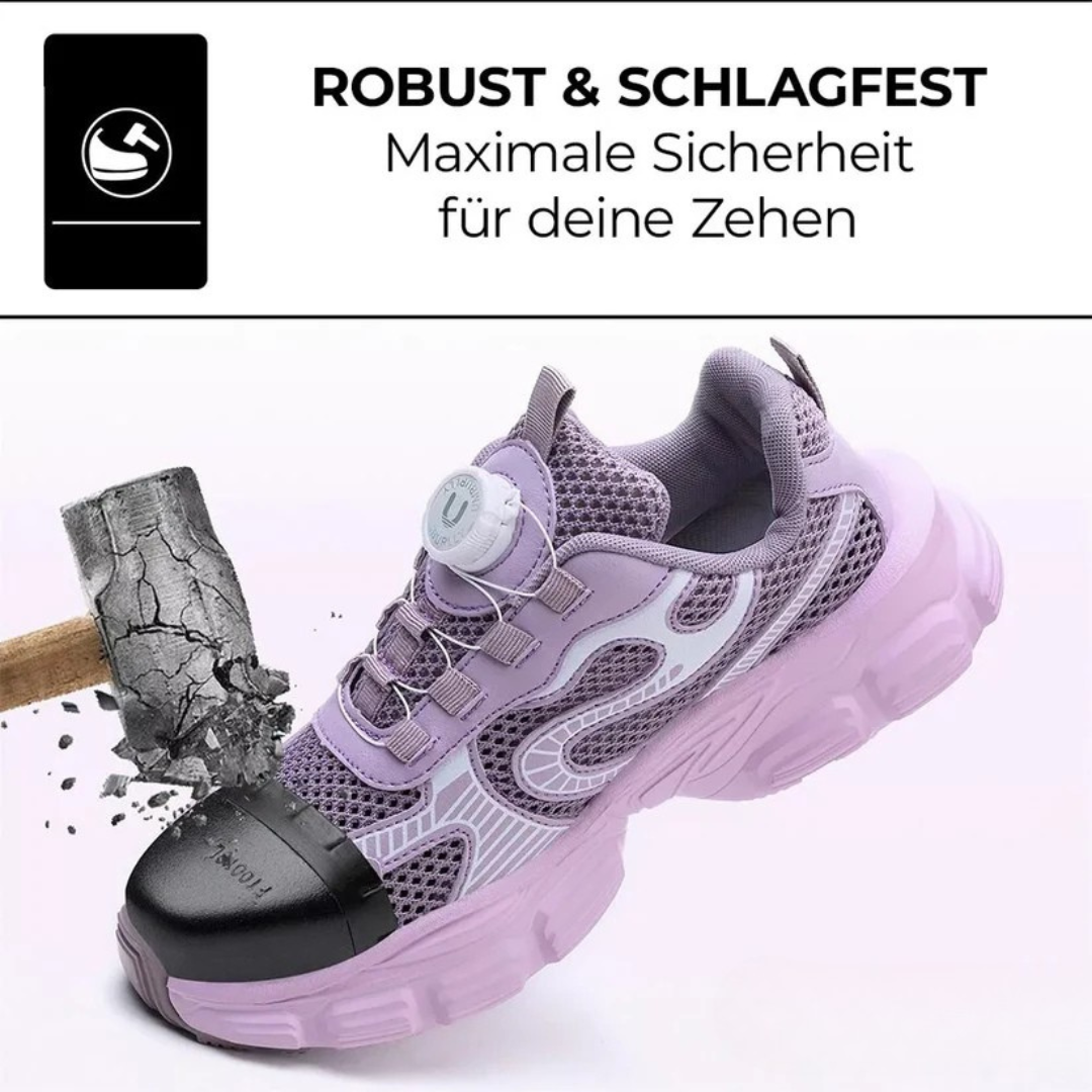 Sicherheitsschuhe Damen, violett-schwarz, mit stoßdämpfender Sohle, atmungsaktiv & durchtrittsicher.