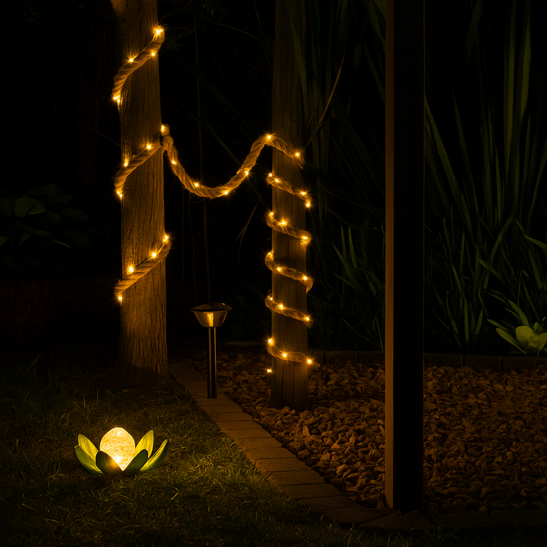 Rustikale Solar-Lichterkette am Baum im Garten mit zusätzlicher Dekoration
