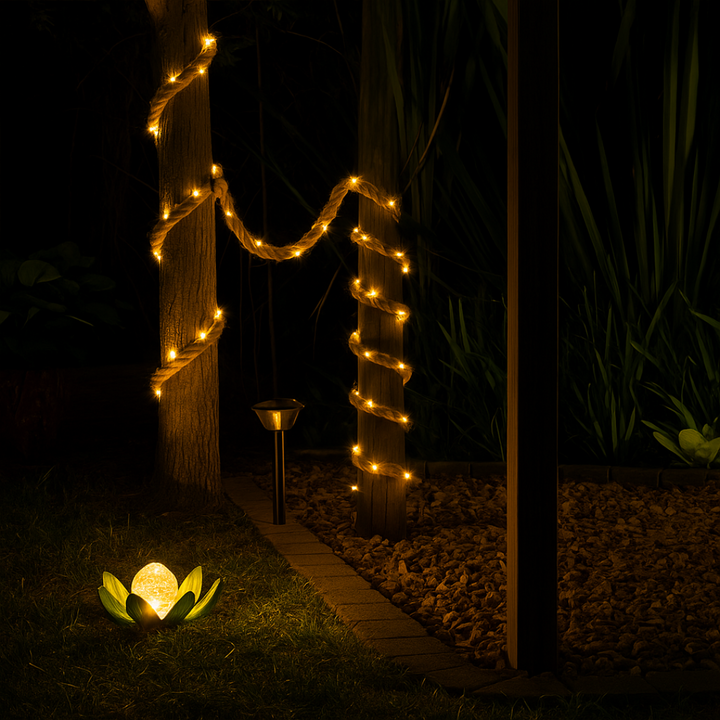 Rustikale Solar-Lichterkette am Baum im Garten mit zusätzlicher Dekoration