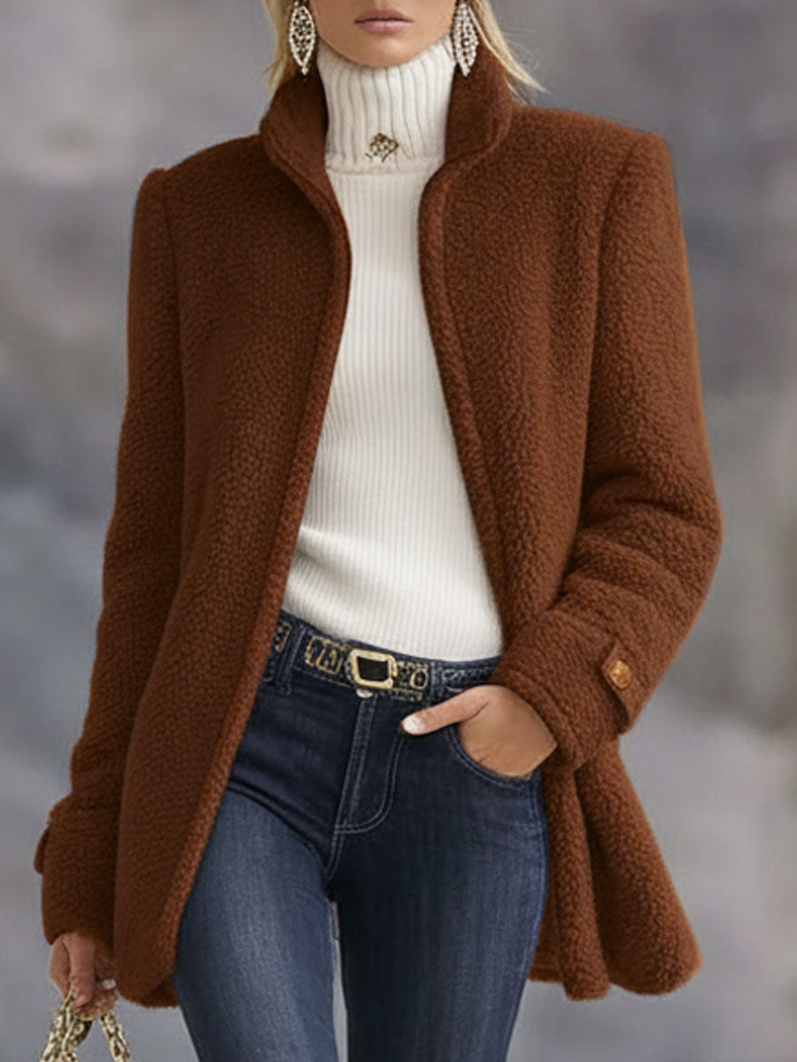 Damen Warme Stehkragen Fleecejacke in Braun im Detail