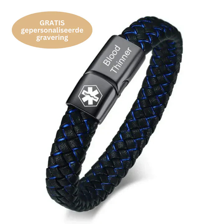 Schwarzes geflochtenes Armband mit medizinischem Symbol und Gravur "Blood Thinner".