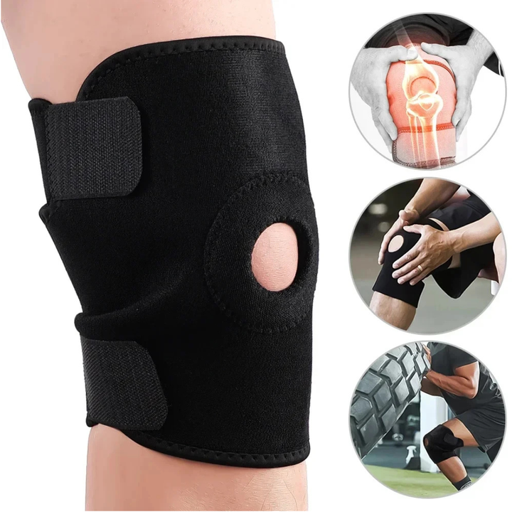 Detaillierte Darstellung der schwarzen Knie-Stützbandage mit integrierten Polstern.