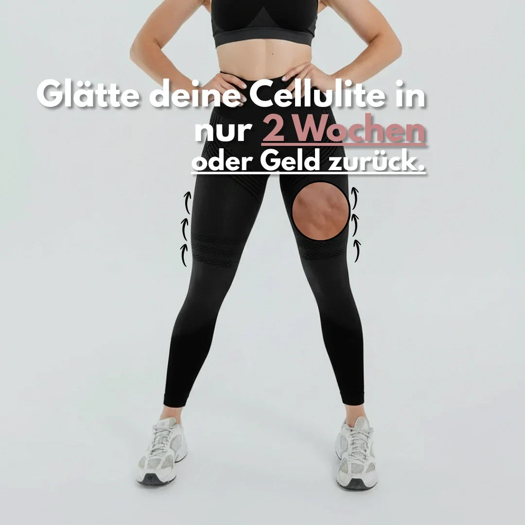 Frau in schwarzer Kompressions Leggings mit Anti-Cellulite-Effekt, Detailaufnahme der Oberschenkel