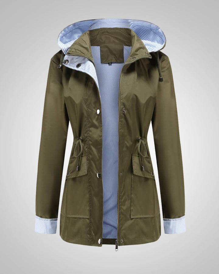 Elegante Damen Kapuzen-Regenjacke, wasserdicht, mit praktischem Kordelzug, für Übergangstage.