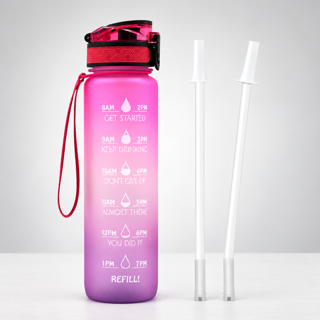 Robuste Tritan-Sportflasche 1L mit Trinkzeitleiste, BPA-frei, unisex, für den ganzen Tag.
