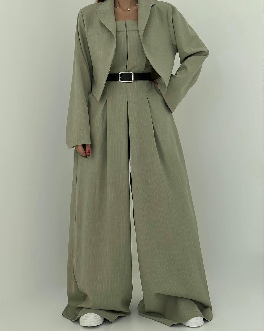 Grünes Damen Kombi-Set mit weitem Beinschnitt