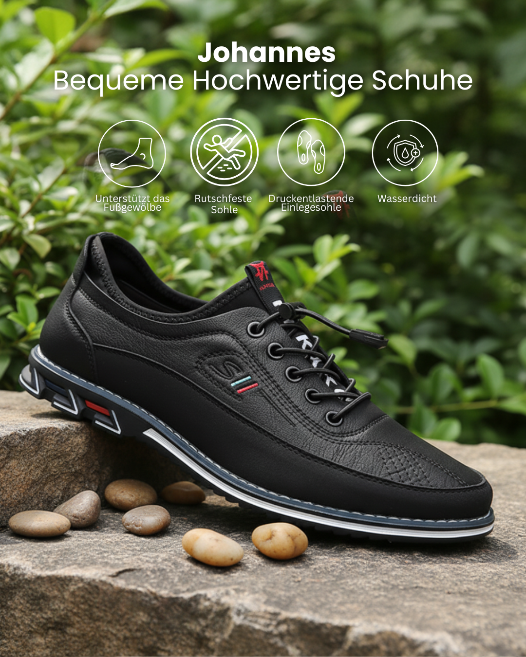 Schwarzer Herren Sneaker mit stützender Sohle auf einem Stein im Garten