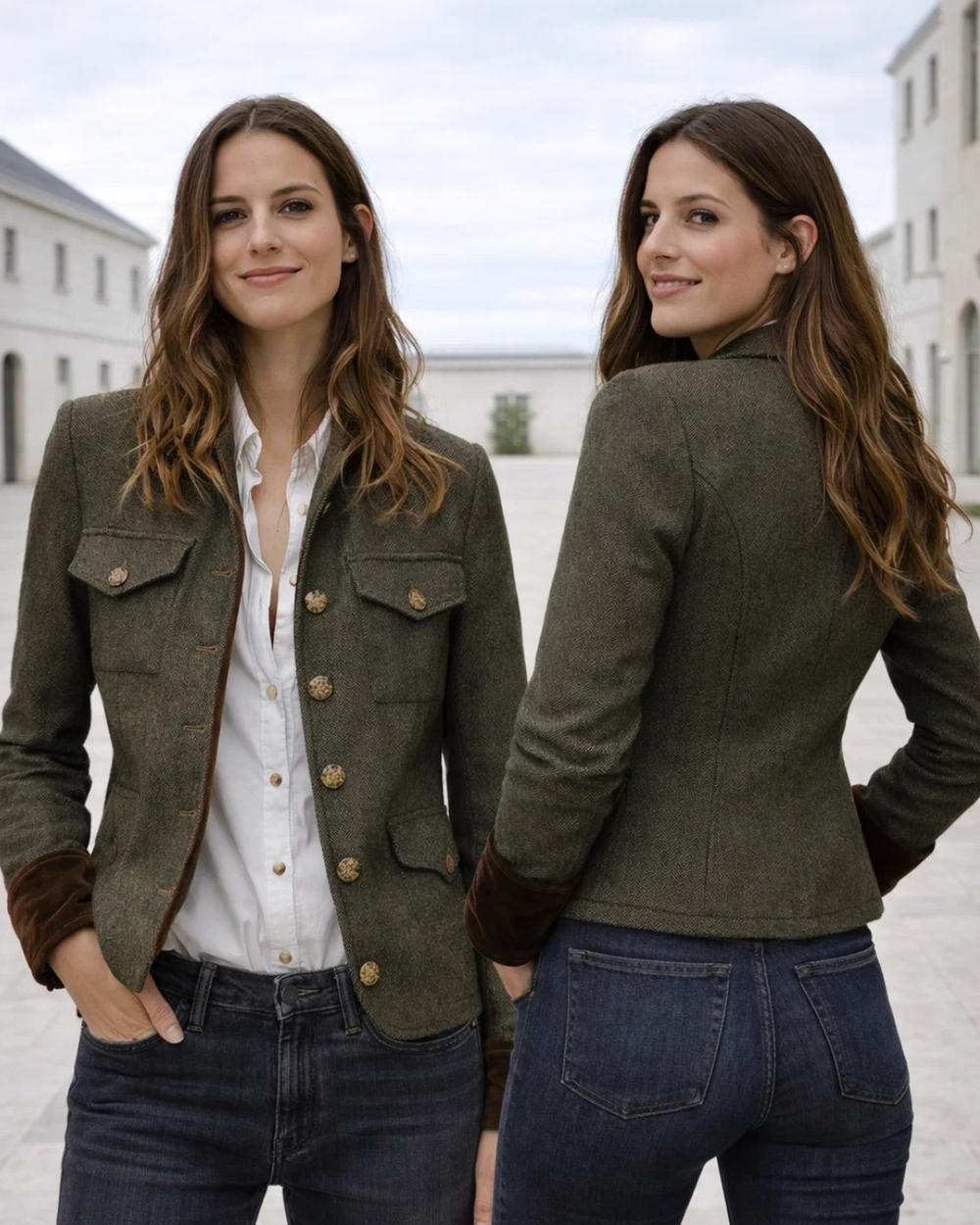 Vorder- und Rückansicht der eleganten grünen Damen Tweedjacke