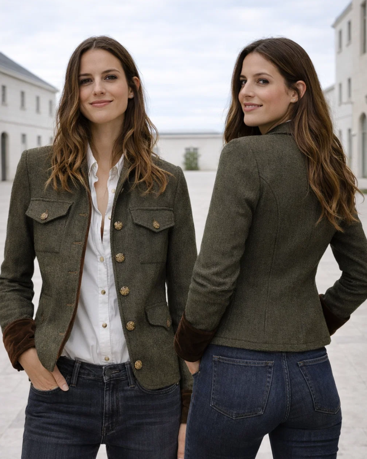 Vorder- und Rückansicht der eleganten grünen Damen Tweedjacke