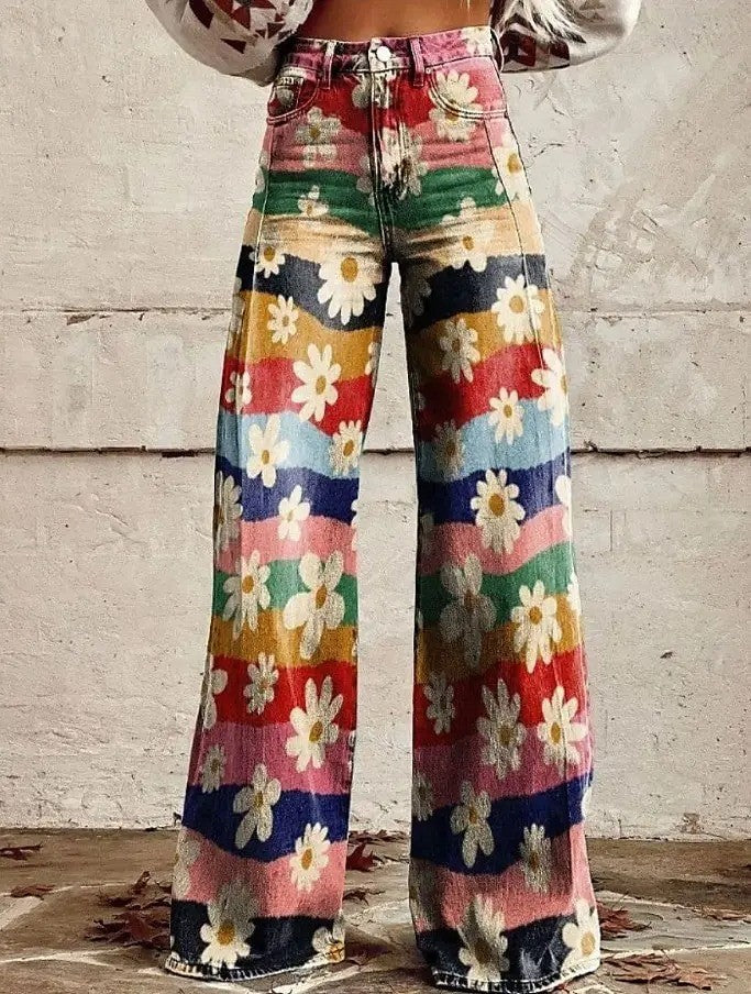 Damen Schlagjeans mit elegantem Blumenmuster – Perfekter Boho-Chic