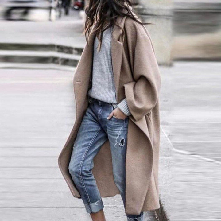 Damen wadenlanger Mantel in Khaki mit weitem Kragen