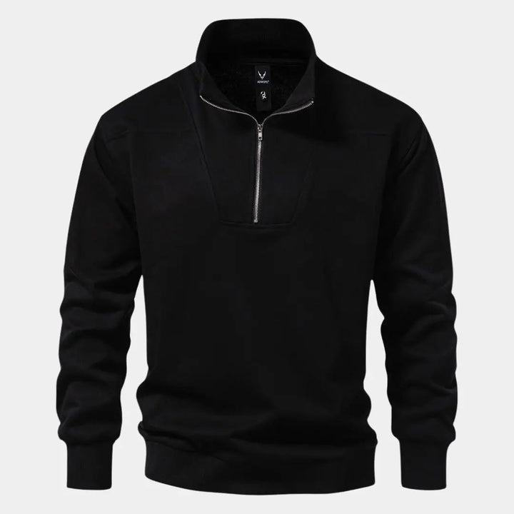 Detaillierte Ansicht des schwarzen Herren Pullovers mit Kragen