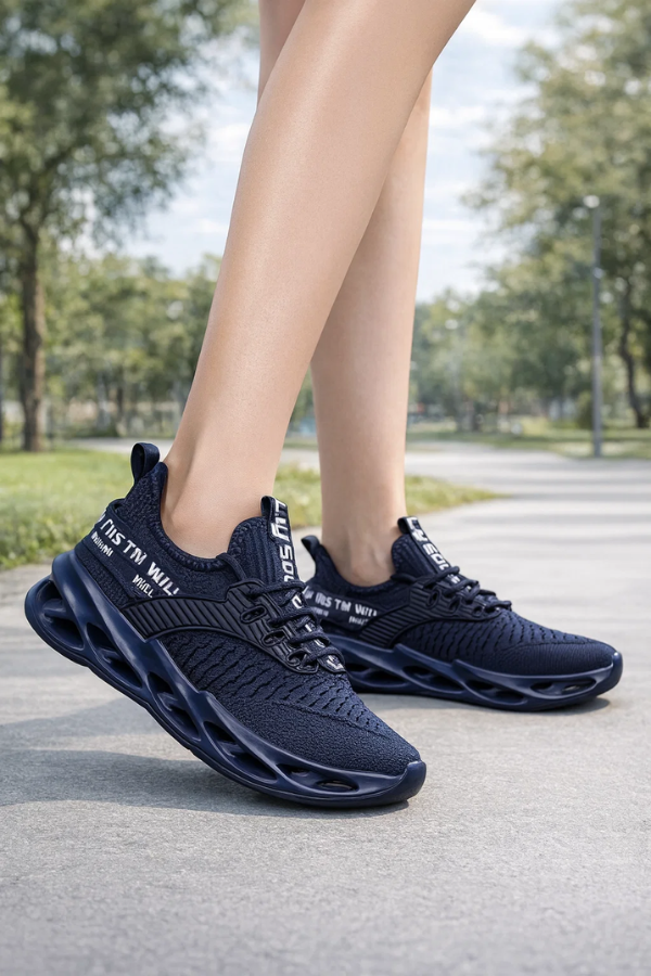 Damen Sneaker in Marineblau mit Profilsohle, getragen von einer Frau im Freien.