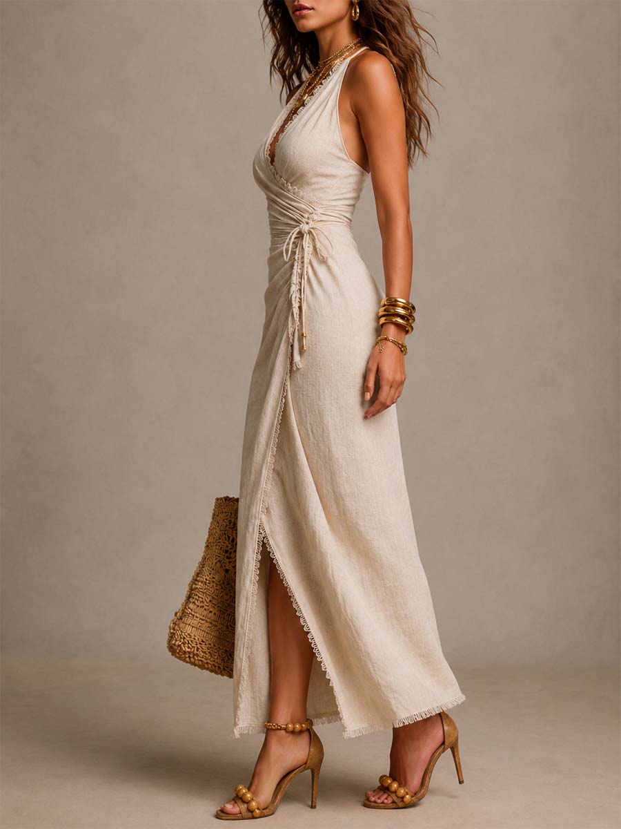 Damen Midi-Kleid mit V-Ausschnitt in der Seitenansicht