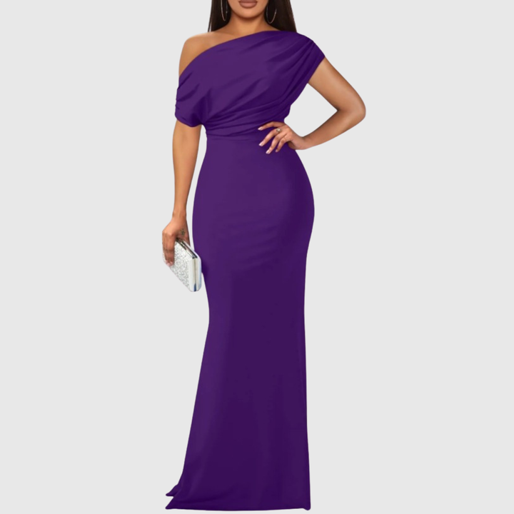 Vielseitiges Damen Festkleid, ein-schulter, als Hochzeitsgast- oder Gala-Kleid tragbar.
