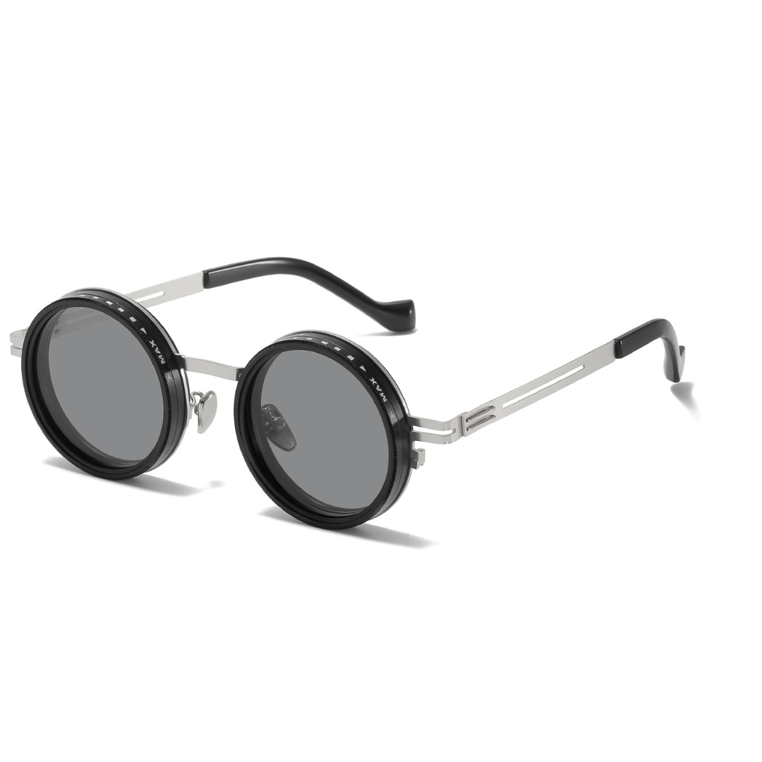 Steampunk Sonnenbrille schwarz-silber mit Dimmfunktion, runde Gläser, UV400, für Punk & Retro Fans.