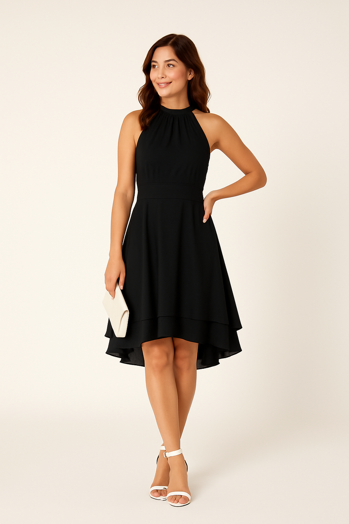 Elegantes Damen Neckholder Sommerkleid mit femininem High-Low Stufenrock. Ideal für Sommer & Party.