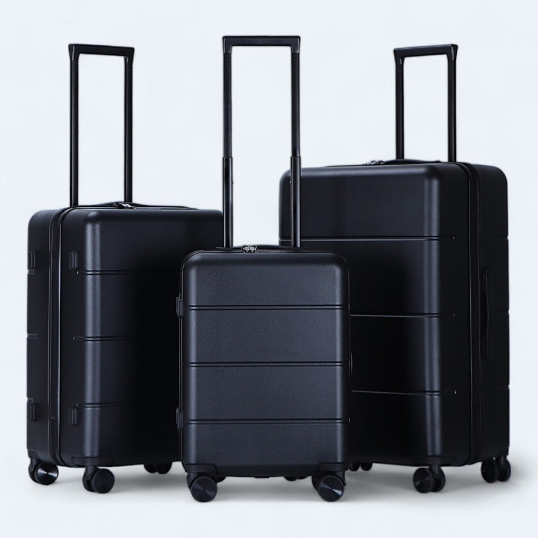 3-teiliges robustes Hartschalen-Kofferset in Schwarz, Grau, Gelb für flexible Reisen.