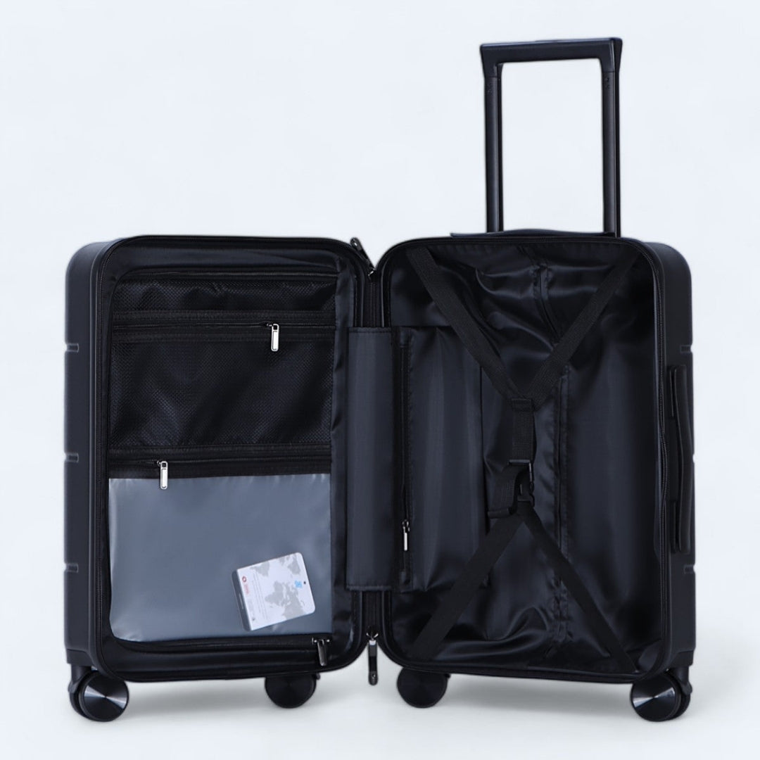Gelber Hartschalen-Rollkoffer, Detail des verstärkten Bodens für Langlebigkeit.