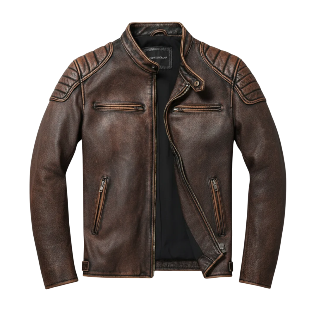 Braune Vintage Lederjacke für Herren mit modernem Schnitt und praktischen Reißverschlusstaschen.