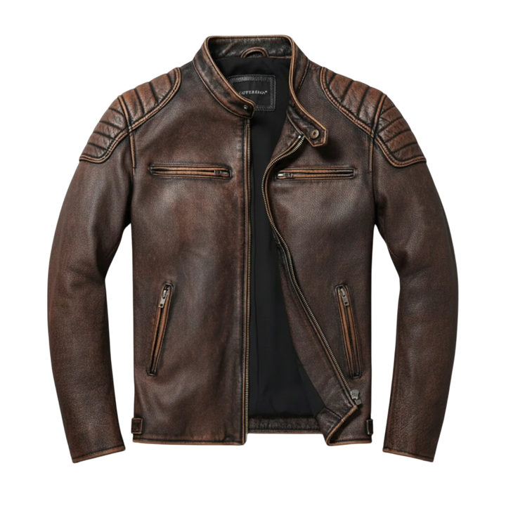 Braune Vintage Lederjacke für Herren mit modernem Schnitt und praktischen Reißverschlusstaschen.