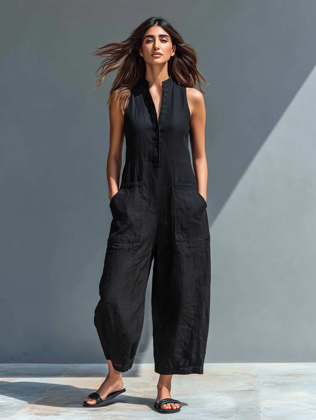 Seitenansicht des ärmellosen Damen Overalls in Schwarz