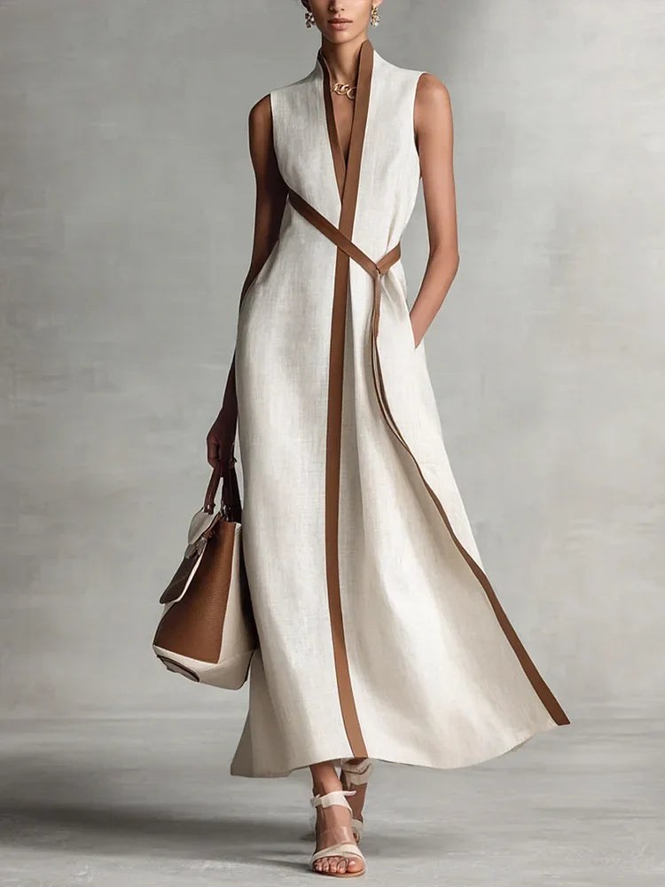 Vielseitiges einfarbiges Damen Maxikleid mit Bindegürtel und Stehkragen, ideal für Reisen und Freizeit.