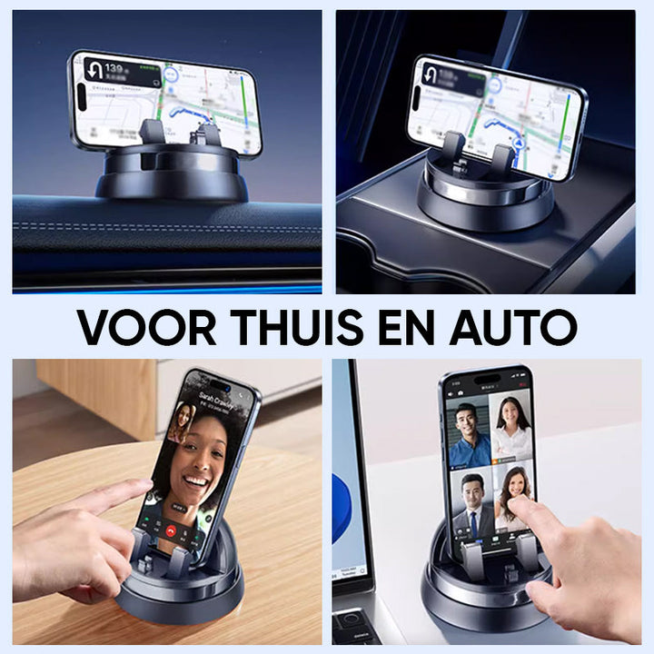 "360° drehbare, schwarze Handyhalterung mit Silikonbasis, zeigt Telefon in Auto, verstellbar für komfortable Nutzung."