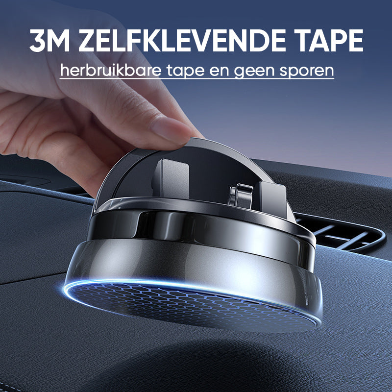 "360° drehbare, schwarze Handyhalterung mit Silikonbasis, zeigt Telefon in Auto, verstellbar für komfortable Nutzung."