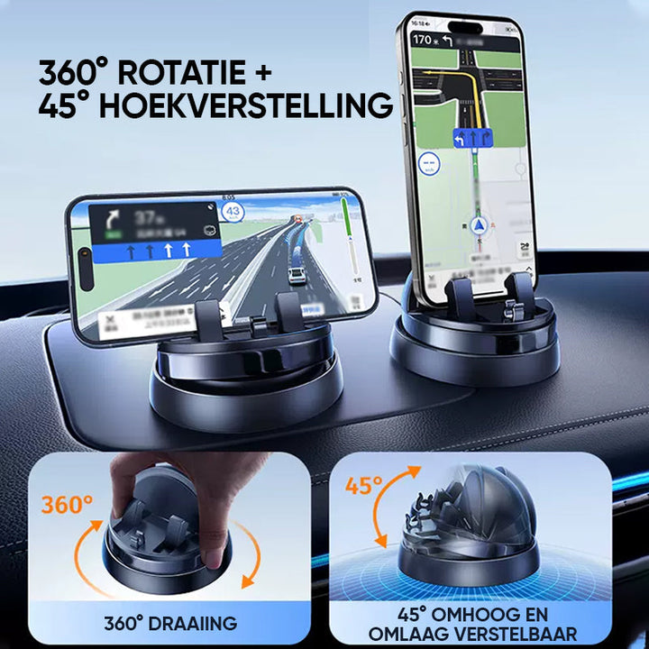 "360° drehbare, schwarze Handyhalterung mit Silikonbasis, zeigt Telefon in Auto, verstellbar für komfortable Nutzung."
