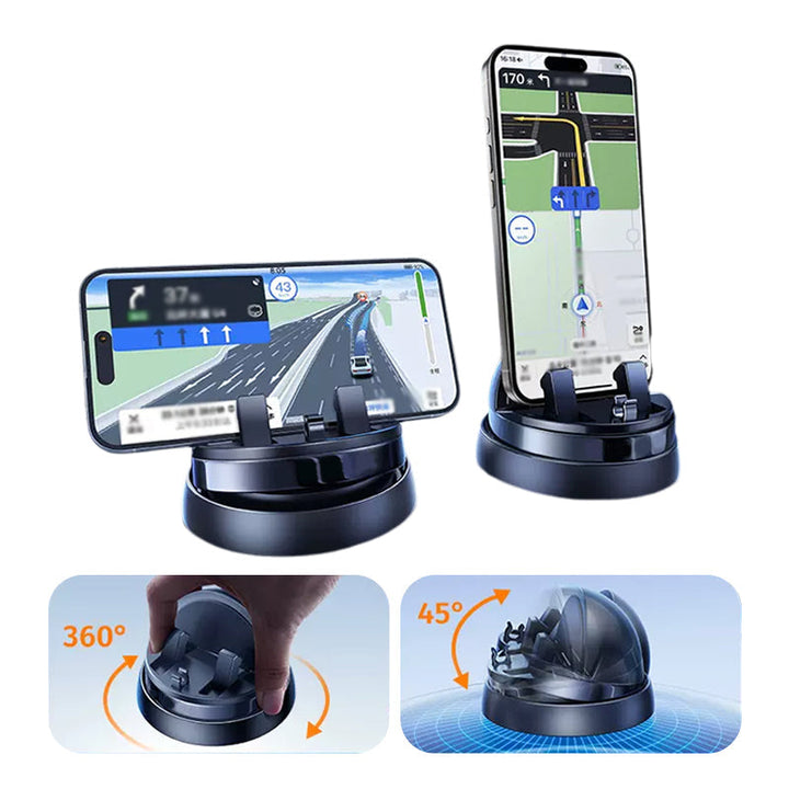 "360° drehbare, schwarze Handyhalterung mit Silikonbasis, zeigt Telefon in Auto, verstellbar für komfortable Nutzung."