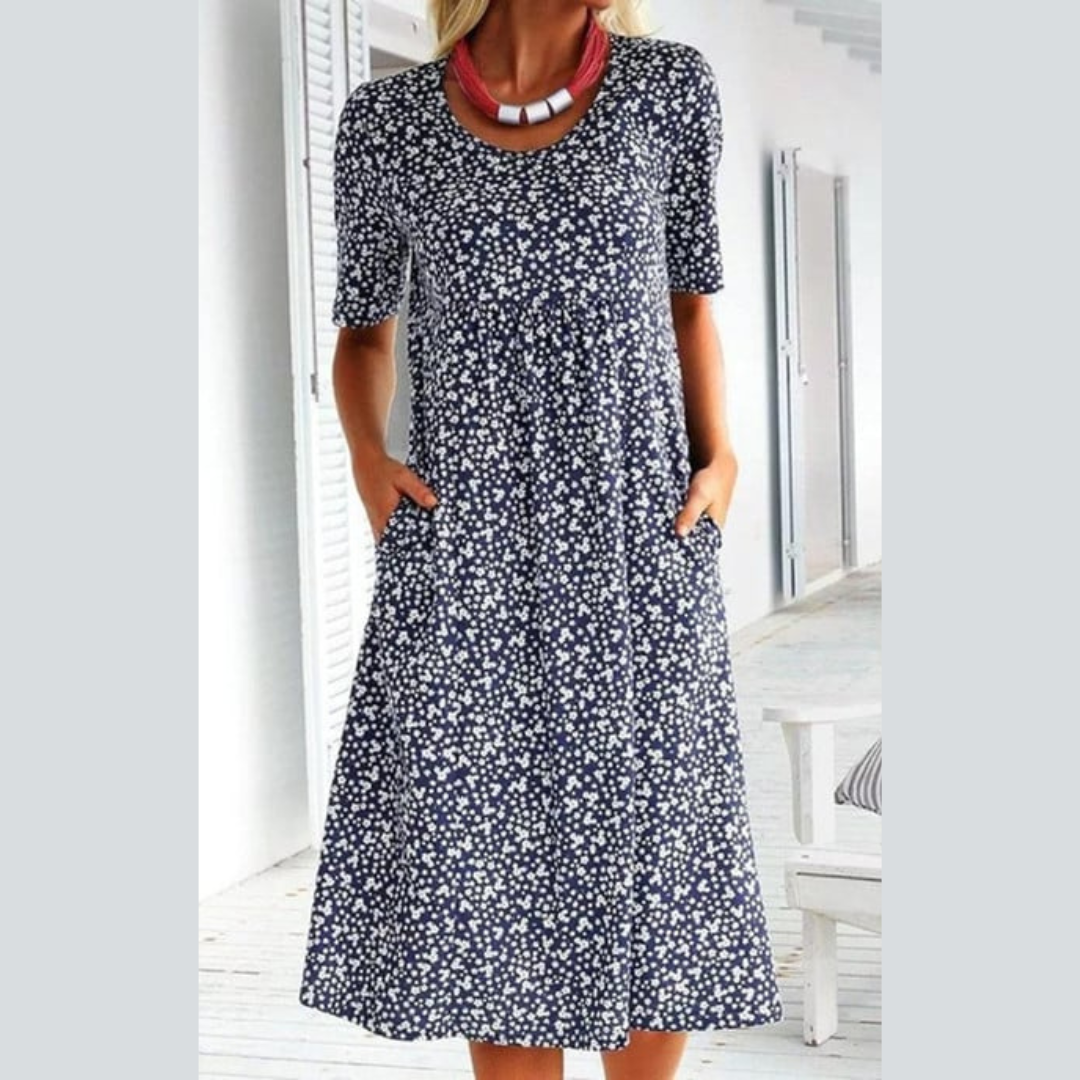 Damen Midikleid in Schwarz mit feinem Blumenmuster und praktischen Seitentaschen