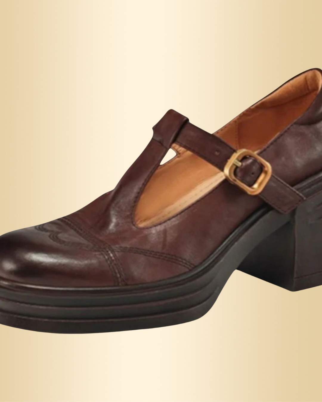 Damen Mary Jane Schuhe in Braun mit T-Riemen und Absatz