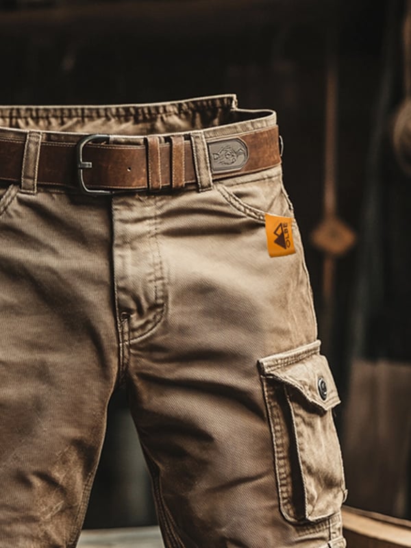 Graue Herren Kurzhosen im Retro-Stil mit vielen Taschen, robust und perfekt für Outdoor-Abenteuer.