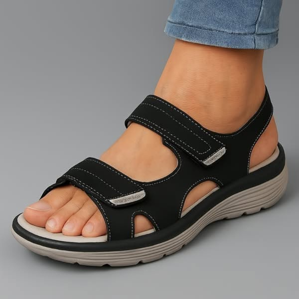Graue stilvolle Damen Sandalen mit ergonomischem Fußbett. Orthopädische Sommerschuhe für maximalen Komfort.