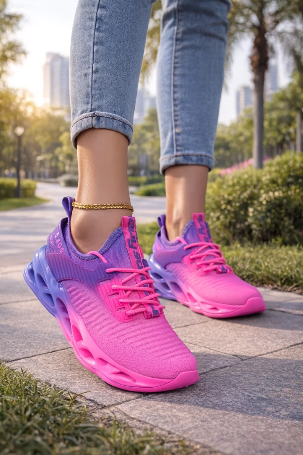 Nahaufnahme von pink-violetten Damen Sneakern an einer Frau mit Jeans.