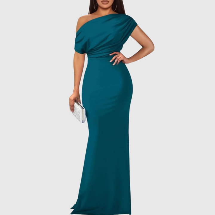 Gesamtaufnahme des eleganten Damen Ein-Schulter Maxikleides, formell & lang.