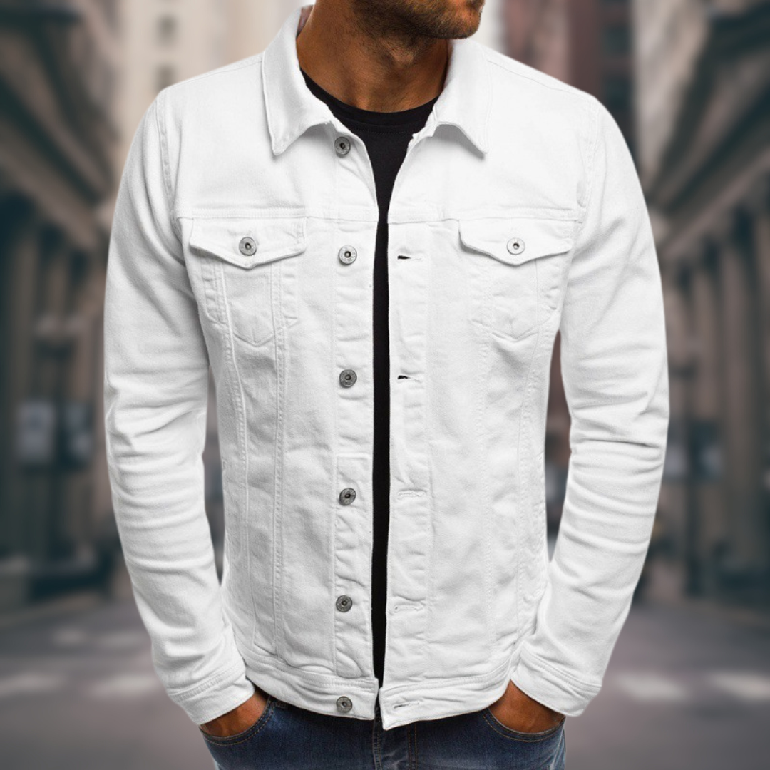 Weiße Herren Jeansjacke mit Kragen und langen Ärmeln im Alltagsschnitt