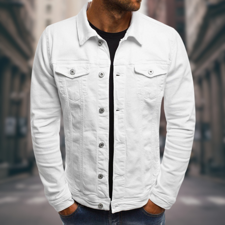 Weiße Herren Jeansjacke mit Kragen und langen Ärmeln im Alltagsschnitt