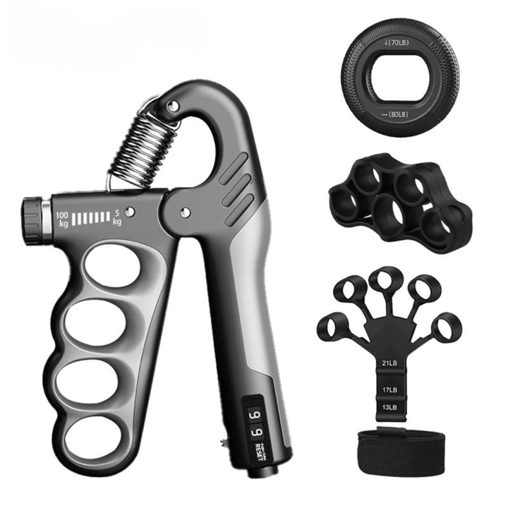 Ergonomischer Grippora Griffkrafttrainer aus Metall für den Aufbau starker Hände und Unterarme zuhause.