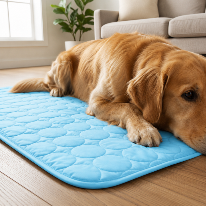 Selbstkühlende Haustier-Kühlmatte für Hunde und Katzen in Blau, mit innovativem Kühlgel.