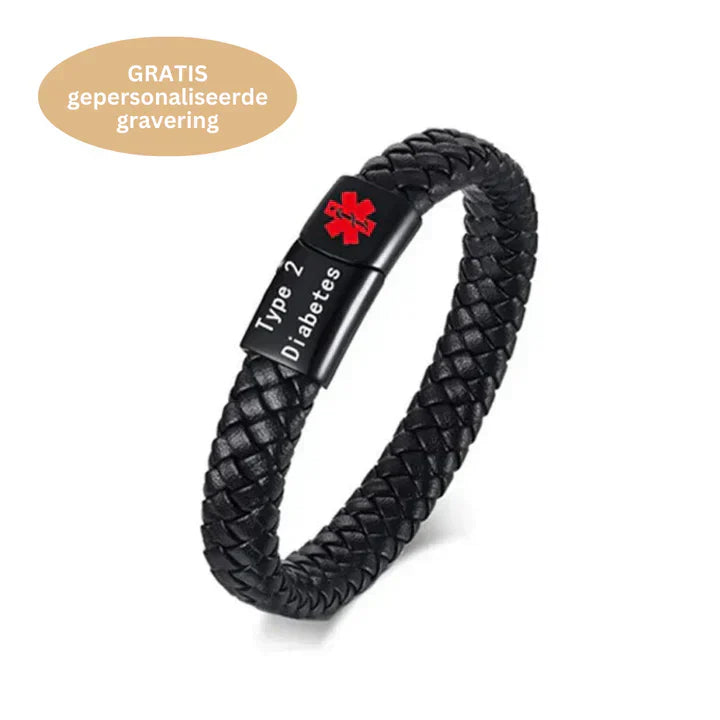Schwarzes geflochtenes Lederarmband mit Typ-2-Diabetes-Gravur, medizinisches Erkennungsarmband.
