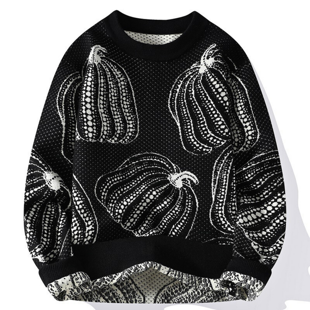 Schwarzer Herren Strickpullover mit kontrastierenden Kürbis-Motiven