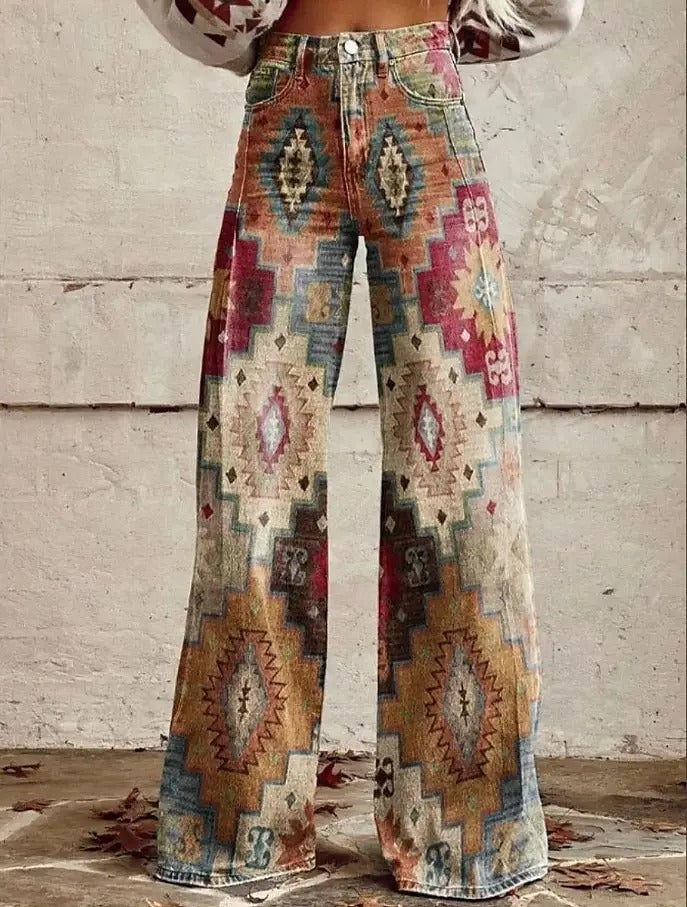 Damen Schlagjeans mit elegantem Blumenmuster – Perfekter Boho-Chic
