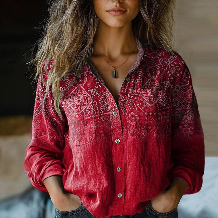 Elegante Damen Hemdbluse mit Vintage Print, locker geschnitten für vielseitige Büro- & Freizeit-Looks.