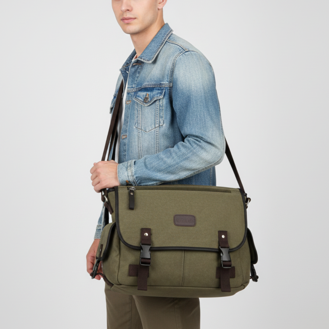 Dunkelgrüne Canvas Messenger Tasche getragen von einem Mann mit Jeansjacke