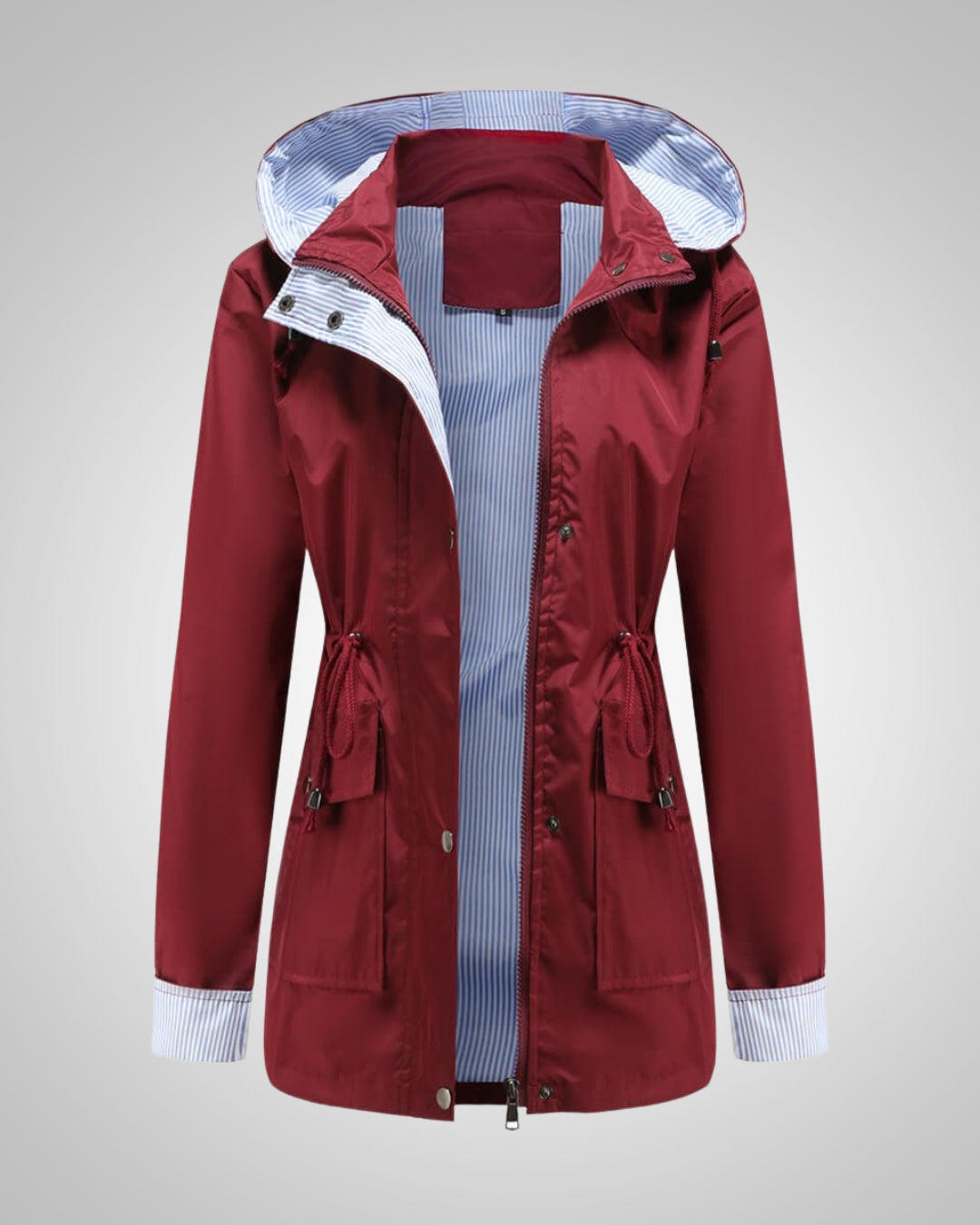 Outdoor-taugliche Damen Regenjacke mit Kapuze und verstellbarem Kordelzug.