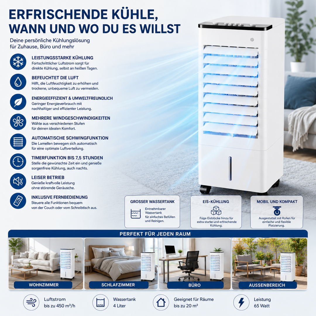 Kompakter Luftkühler & Luftbefeuchter mit Fernbedienung für Zuhause