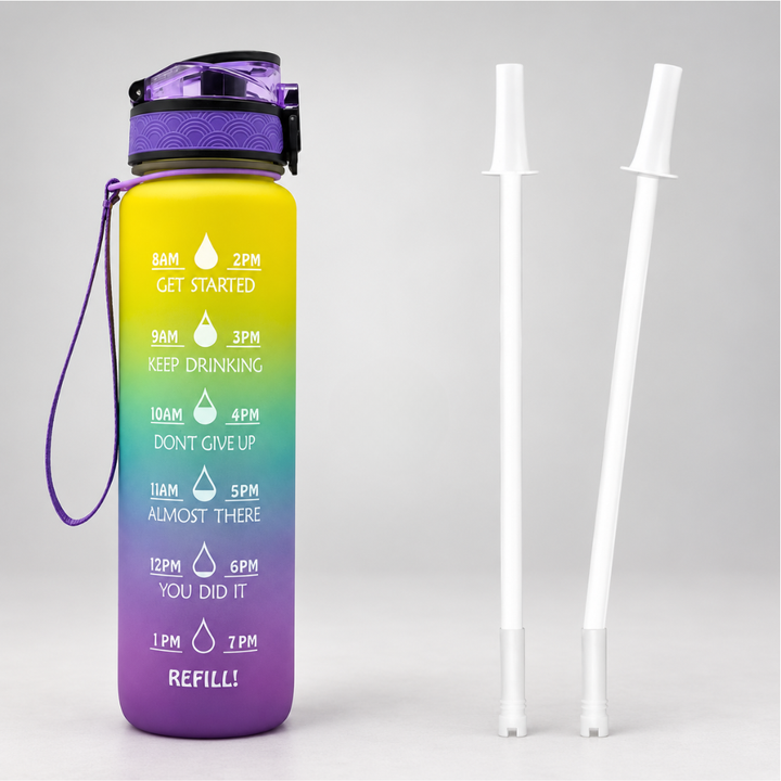 Auslaufsichere 1L Wasserflasche mit Trinkzeitleiste, BPA-frei, unisex, ideal für unterwegs.